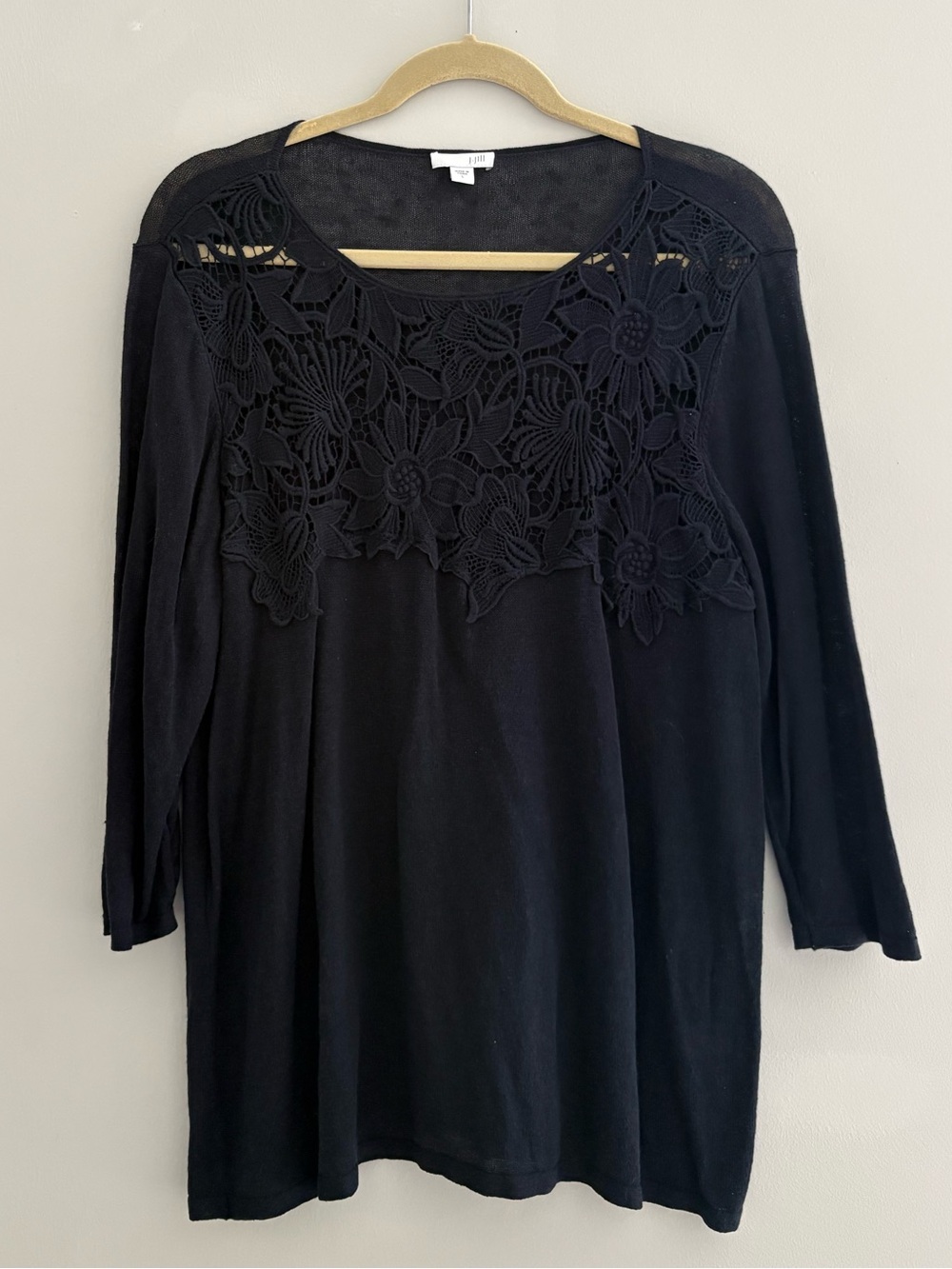 J. Jill Navy Lightweight Linen Floral Appliqué 3/4 Sleeve Longline Blouse Top